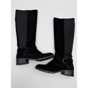DONALD J PLINER BLACK BESO BRUSHED SUEDE SIZE 7.5 KNEE HIGH BOOTS WITH BUCKLE